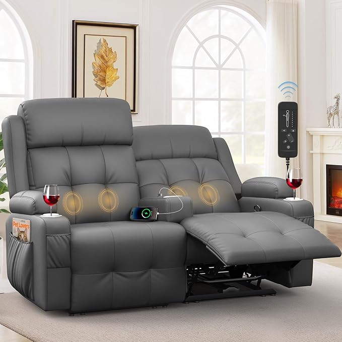 Reclining Loveseat 55.1 RV PU Leather Wall Hugger Recliner Love Seats Sofa with Charging Station Removable Armrest Cup Holder Double Recliners Couch Manual Love Seat for Living Room