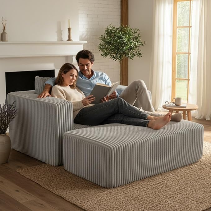 50.98'' Corduroy Boneless Couch with Square Armrests and 2 Cushions Modern Luxury Compressed Sofa Couch with Movable Ottoman No Assembly Required Living Room Apartment HotelSmoke Grey