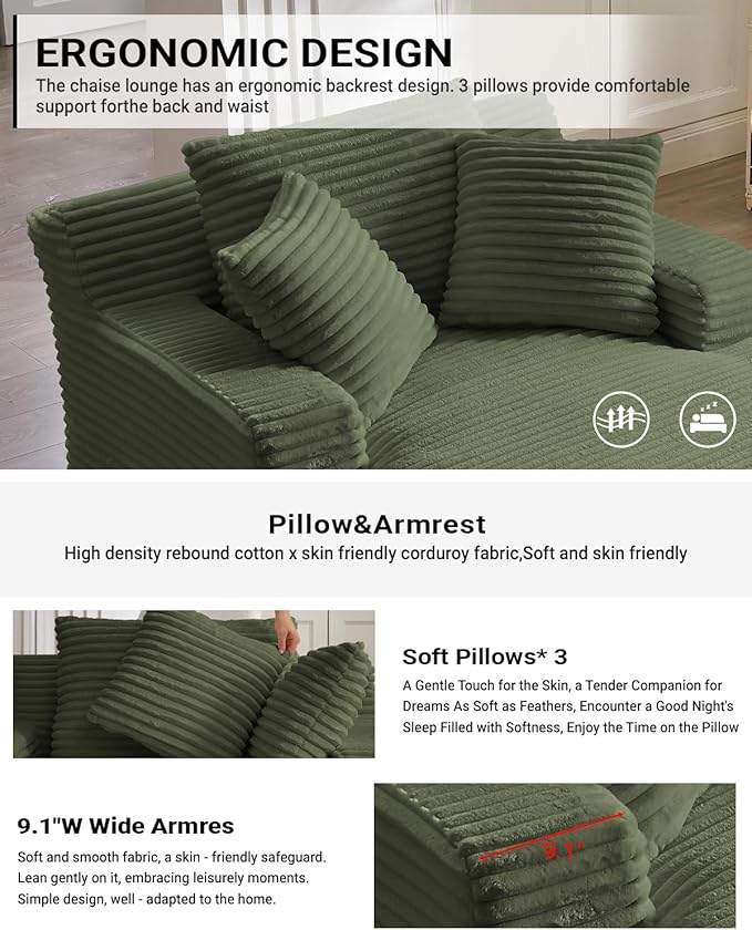 67 Inch Chaise Lounge Chair Indoor Oversized Corduroy Upholstered Boneless Sofa Bed Deep Seat Sleeper Couch Reading Chairs Cloud Sofas Couches for Living Room No Assembly Required (Olive Green)