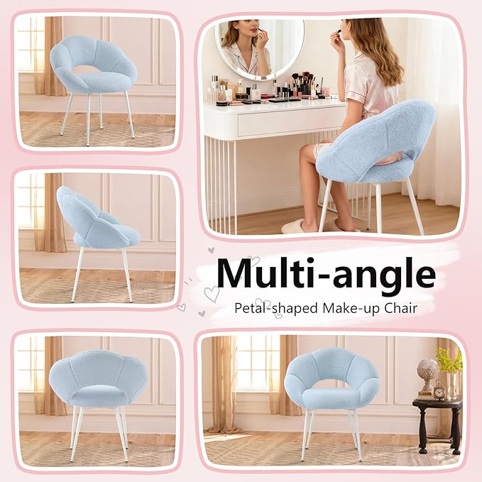Petal Makeup Vanity Chair with BackUpholstered Makeup Accent Reading Chair No WheelsModern Dining Chair for HomeOfficeBedroomTeddy Plush (Blue)
