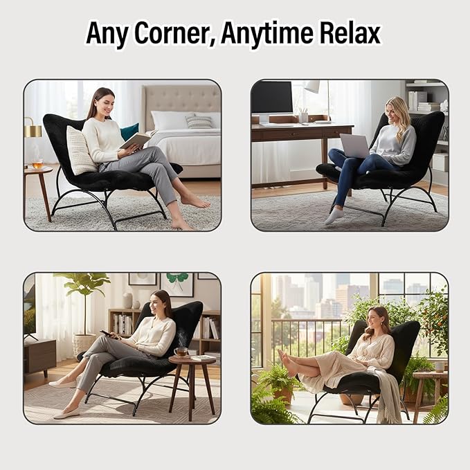 Tiita Accent Lazy Chair Comfy Lounge Chair with Metal Frame and Plush Fabric Spacious Seat Cozy Recliner Chair for Reading Room Living Room Bedroom Office Black