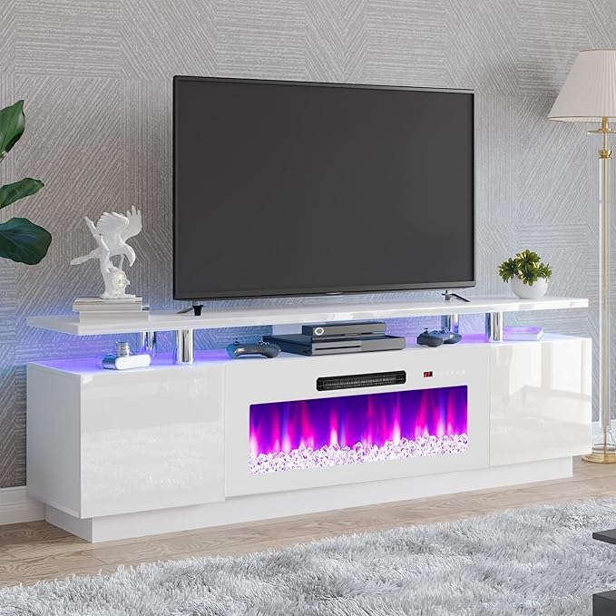 AMERLIFE Fireplace TV Stand with 36 Fireplace 70 Modern Fireplace Entertainment Center LED Lights 2 Tier TV Console Cabinet for TVs Up to 80 White &amp White