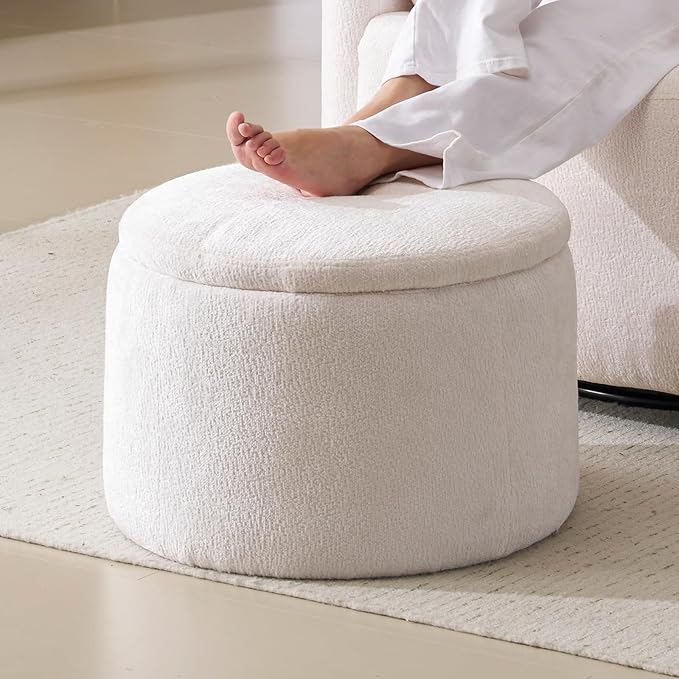 Modern Round Storage Ottoman Chenille Ottoman Foot Stools Ottoman Footstool with Removable Lid Storage Ottoman for Living Room Multi-Functional Footrest White
