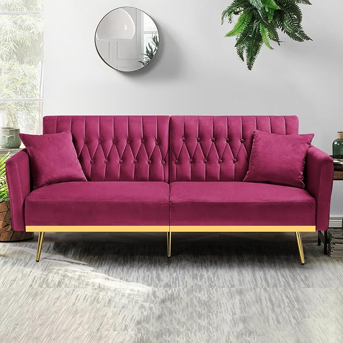70” Velvet Futon Sofa Bed with 2 Pillows and Adjustable Armrests Convertible Sleeper Bed W/Adjustable Backrests Modern Loveseat for Living Room Bedroom Fuchsia