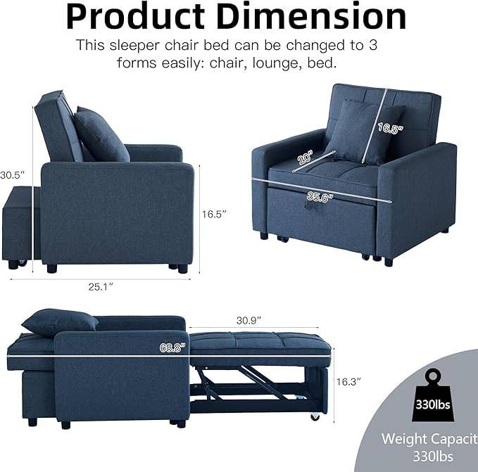 Sofa Bed Chair Convertible Sleeper Sofa with Pull-Out Bed 3-in-1 Futon Couch with Reclining Backrest and Side Pocket (Blue 35.6‘)