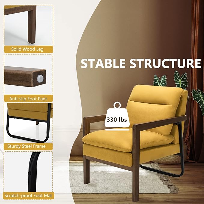 GOFLAME Mid-Century Accent Sofa Chair Modern Linen Fabric Armchair with Extra-Thick Padded Backrest and Seat Cushion Single Sofa Chair for Living Room Bedroom Office Guest Room Yellow
