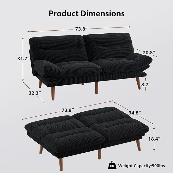 Pipishell Futon Sofa Bed Modern 66 Futon Couch Convertible to Bed &amp Lounger Compact Size Corduroy Loveseat Durable Construction - Fits Small Spaces ApartmentsStudy Room(Ink Black 66 Inch)