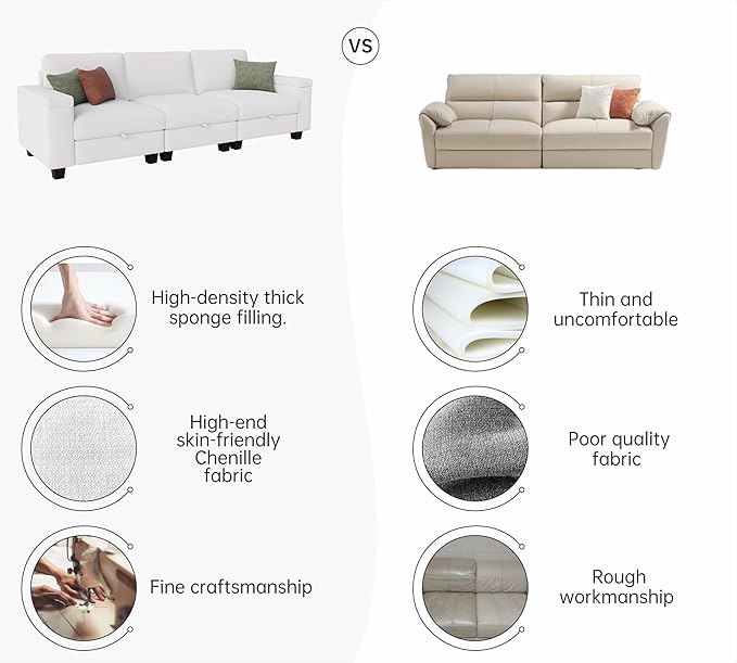Youmumeub Sectional Sofa Couch for Living Room - 104''Modern 3 Seat Large Convertible Modular Couches-High Grade Chenille Fabric-Removable Sofa Cover-Comfortable and Sturdy Easy to AssembleWhite