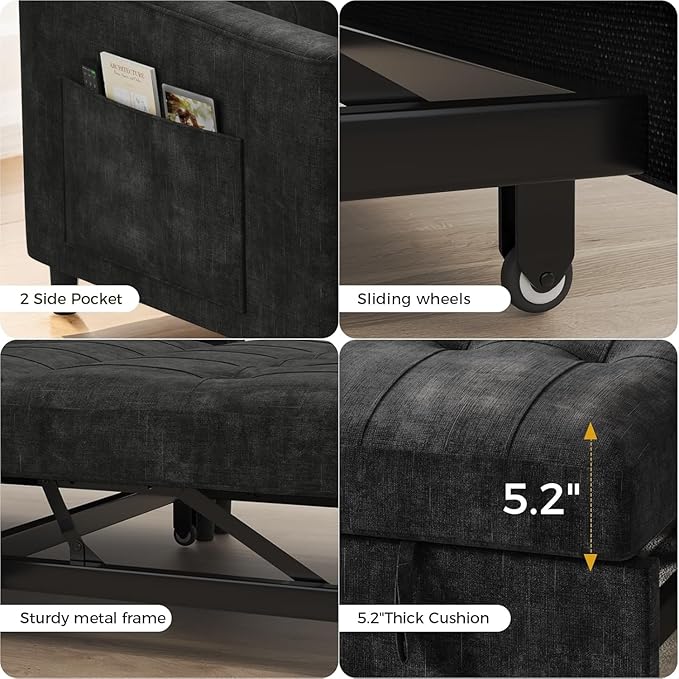 KKL 3 in 1 Convertible Sleeper Sofa Bed Pull Out Couch Bed with Adjustable Backrest Chenille Little Loveseat Couches with Side Pocket Small Futon Sofa Beds Couch for Living Room Bedroom (Black)