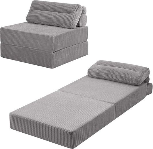 MeMoreCool Folding Sofa Bed Single Grey – Convertible Sleeper Chair with Back Support | Foldable Floor Lounge Mattress Chair with Headrest &amp Lumbar Pillow Ideal for Living Room Bedroom Guest Spa