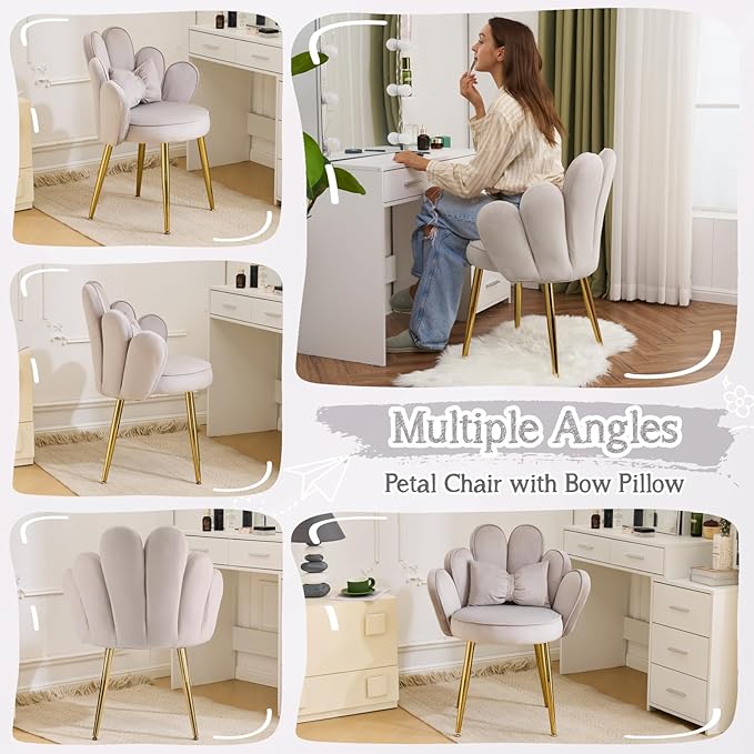 VINGLI Petal Makeup Vanity Chair with BackFlower Cute Girls Desk Chair Comfy No WheelsModern Dining ChairSmall Accent Chair with Adustable Gold Legs&ampBow Pillow for Home OfficeBedroomVelvetGr