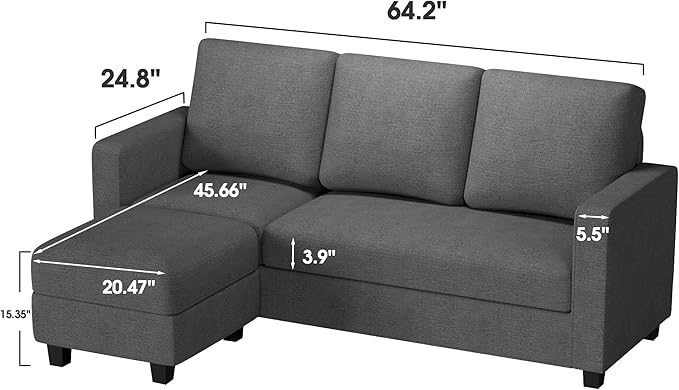 JUMMICO Convertible Sectional Sofa Couch Fabric L-Shaped Sofa with 3 Seats Removable Ottoman Small Sofa for Small Apartments Living Rooms and Offices (Deep Grey)