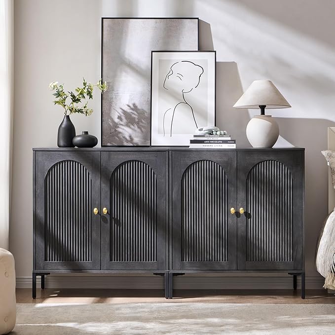 Modern TV Stands for 75 Inch TVs 61.75‬W Wood Entertainment Center w/Adjustable Shelves Mid Century Modern TV Stand w/Arched Fluted Doors Media Console Cabinet for Living Room Dark Grey