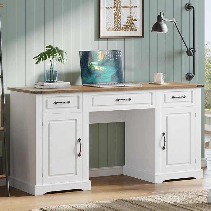 IDEALHOUSE 60 Farmhouse Executive Desk with Drawers Wood Home Office Desk with Storage Cabinet Rustic Computer Writing Desks for Home Study Work Antique White
