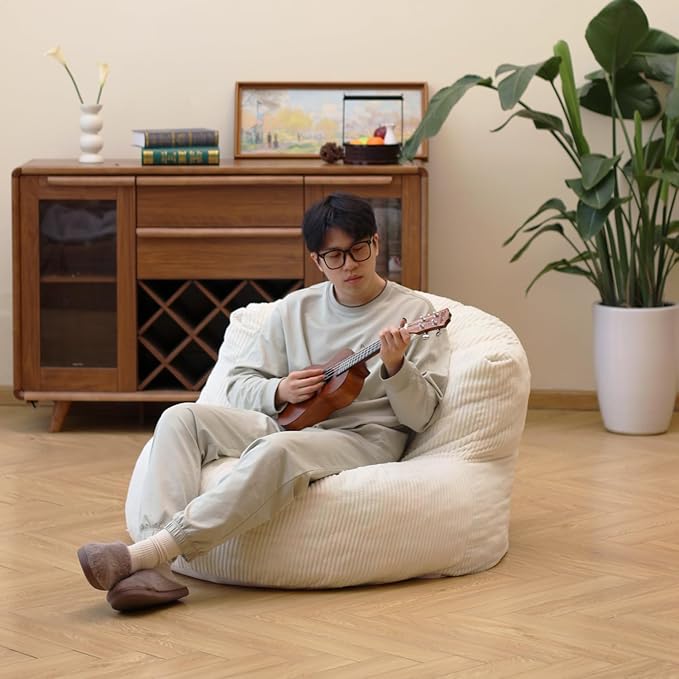 N&ampV Large Crescent Bean Bag Chair Adult Size Bean Bag Sack Foam Filling Soft Premium Corduroy Bean Bag for Living Room Bedroom Dorm and Office (Ivory)
