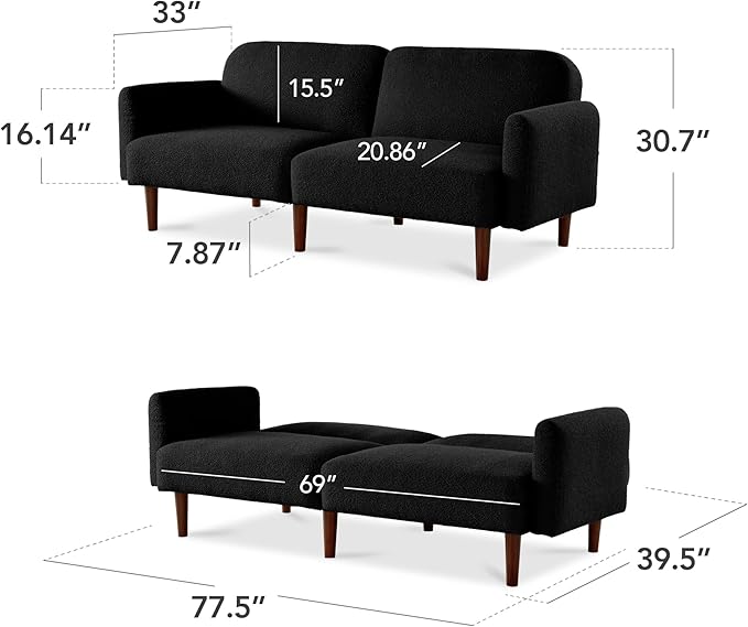 Best Choice Products 77 Mid Century Modern Boucle Loveseat Sofa Couch Convertible Sofa Sleeper Bed w/Real Wood Removable Armrest - Midnight Black