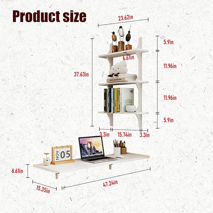 Pmnianhua Wall Mounted Folding Table 47'' Floating Laptop Desk with Shelves Foldable Drop Leaf Table Wall Mount Fold Down Table for Laundry Room Kitchen Bar Home Office Small Space(White)