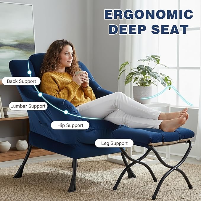 Lazy Chair with Ottoman Modern Accent Chair Sofa Chair with Armrests Reading Chair and Folding Footstool for Living Room Bedroom Office Royal Blue