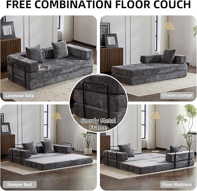 4-in-1 Convertible Folding Sleeper Sofa Bed Fold Out Floor Sofa Couch with Fixed-Shape Frame Cloud Corduroy Foldable Mattress Couch for Living Room Bedroom (78.5 Chenille Dark Grey)