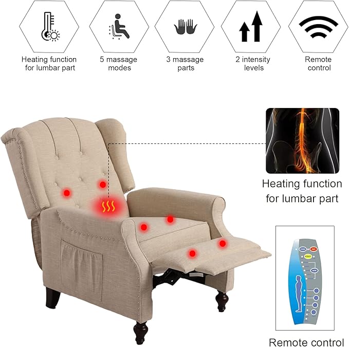 Recliner Wingback Chair - Tufted Armchair - Massage Recliner Chair with Heat - Fabric Push Back Recliner with Remote Control Heating Function Adjustable Backrest (Beige)