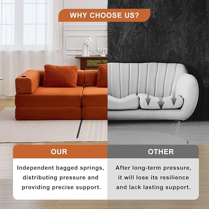 78 Loveseat Sleeper Sofa 4 in 1 Convertible Floor Sofa Bed Boneless Cloud Couch with Cup Holder Fold Out Floor Couch for Living Room Bedroom Lounge Corduroy Orange