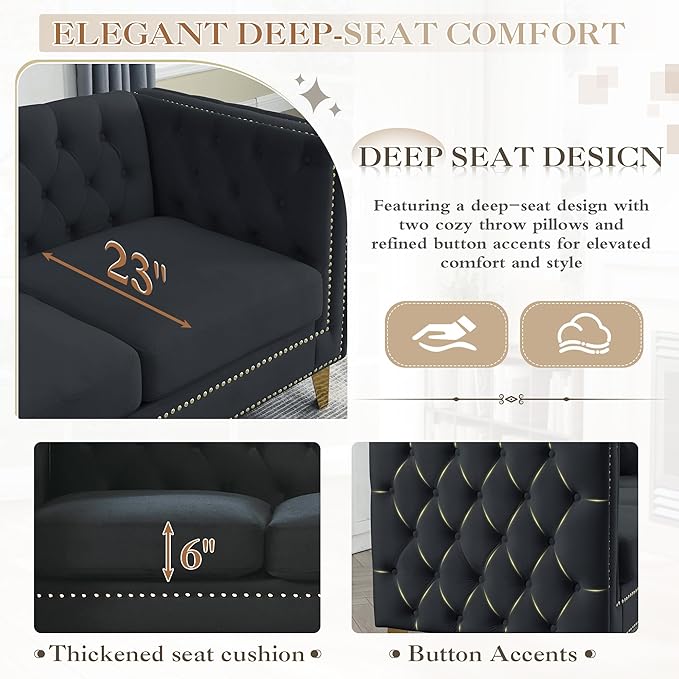 2 Piece Chesterfield Sofa Comfy Velvet Tufted Mid Century Modern Couch Set Cloud Futon Loveseat Gold Legs &amp Nailhead Deep Seat Sofas for Living Room Office (Black Couch and Loveseat Set of 2)