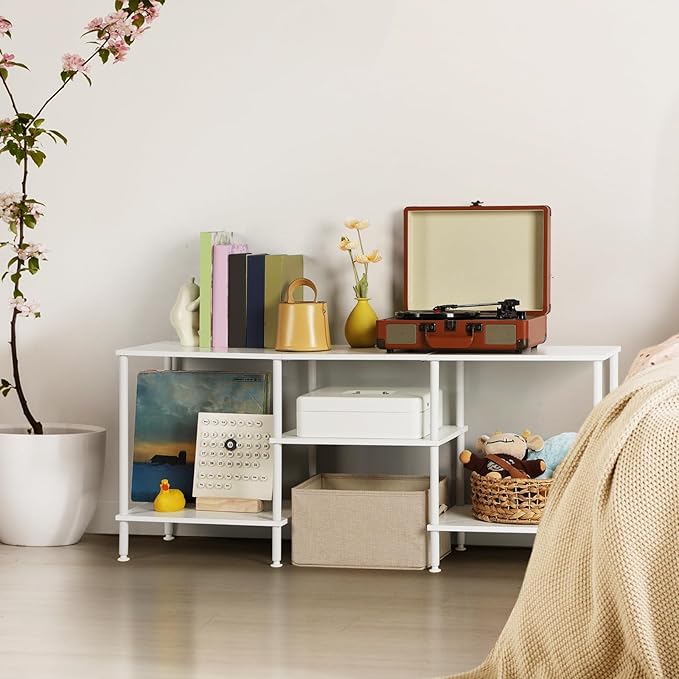 White TV Stand Bedroom with Power Outlets Small Entertainment Center Stand with Open Storage Shelves for TVs up to 50 Inch Wood TV Media Console Table with for Living Room Bedroom
