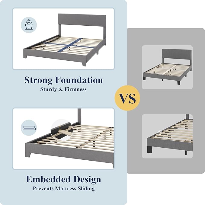 Allewie Queen Bed Frame with Upholstered Adjustable Headboard Platform Bed with Wood Slats Heavy Duty Mattress Foundation No Box Spring Needed Easy Assembly Light Grey
