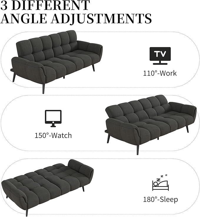 Futon Sofa Bed Convertible 77 Modern Linen Futon Couch Comfy Sleeper Sofa with Adjustable Backrests Couch Bed for Small Spaces Living Room Bedroom Apartment Dark Gray