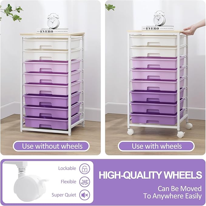 Rolling Cart with DrawersUtility Cart With 8 Drawers and Wooden Tabletop for Living RoomClassroomBedroomBathroomDormOfficePurple