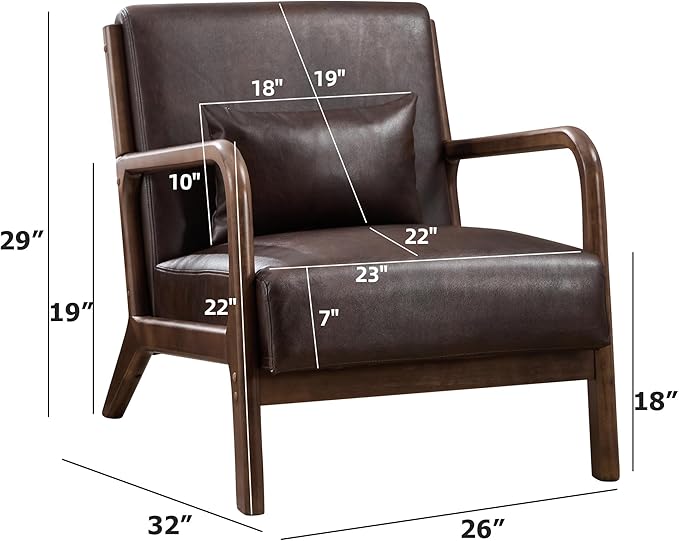 INZOY Mid Century Modern Accent Chair with Wood Frame Upholstered Reading Armchair with PU Leather Accent Chair for Living Room Bedroom Apartment Easy Assembly Chocolate Brown