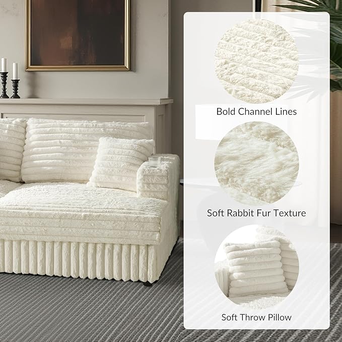 HULALA HOME 88 Double Chaise Lounge Sofa with USB Port and Cup Holder Oversized Cloud Couch with Faux Rabbit Fur Deep Seat Sleeper Sofa Bed for Living Room Bedroom Ivory
