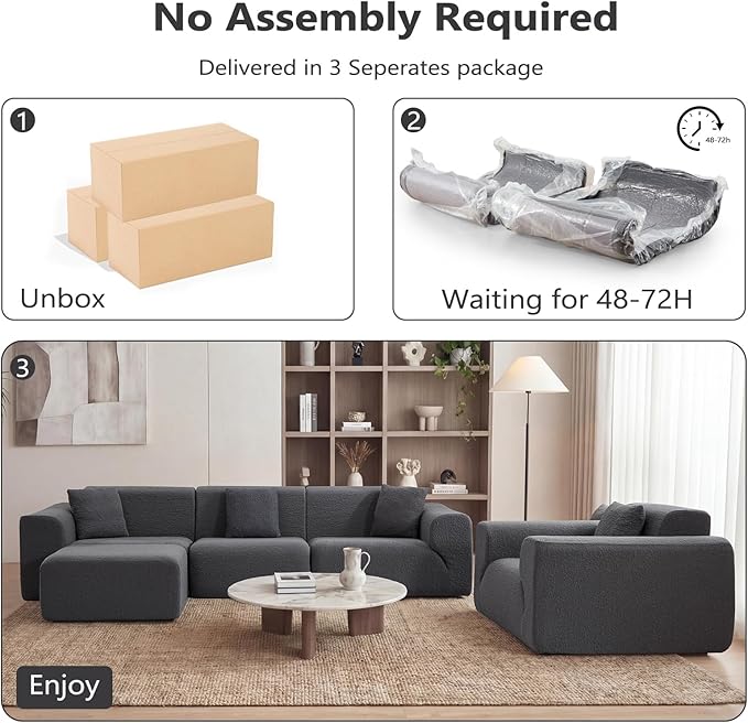 114 Oversized Boneless Couch with Moveable Ottoman Cloud Sectional Couches with Deep Seat 3 seat Modular Sofa Memory Foam Couch with Throw Pillow No Assembly Required Grey
