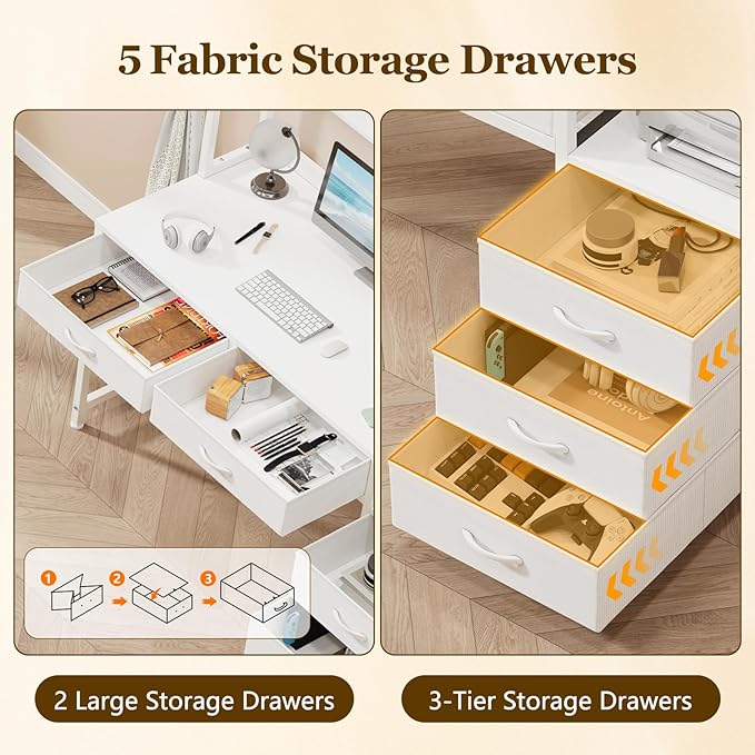 Reversible Computer Desk with Hutch Home Office Desk with 5 Drawers and Bookshelf 52'' Study Writing Desk with Storage Shelves for Bedroom Home Office White