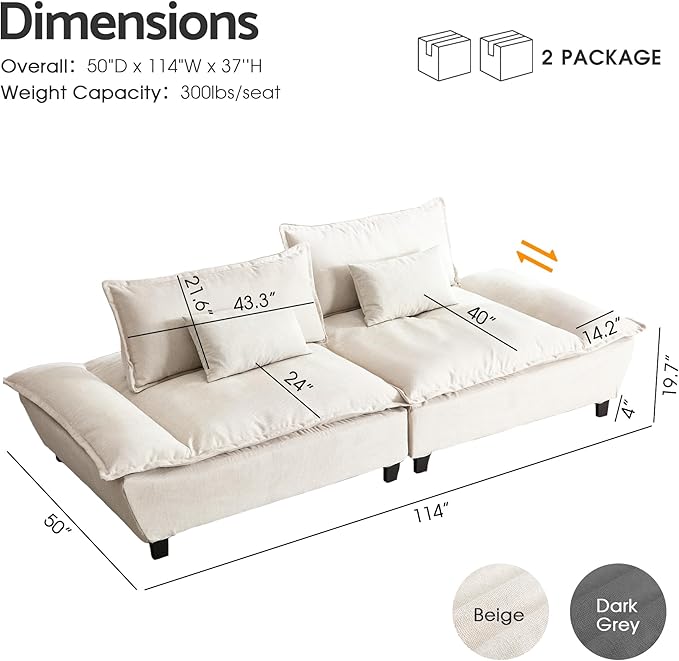 114” Sailboat Cloud Sectional Sofa Bed Convertible Modular Couch with Extra Deep Seats for Living Room Beige