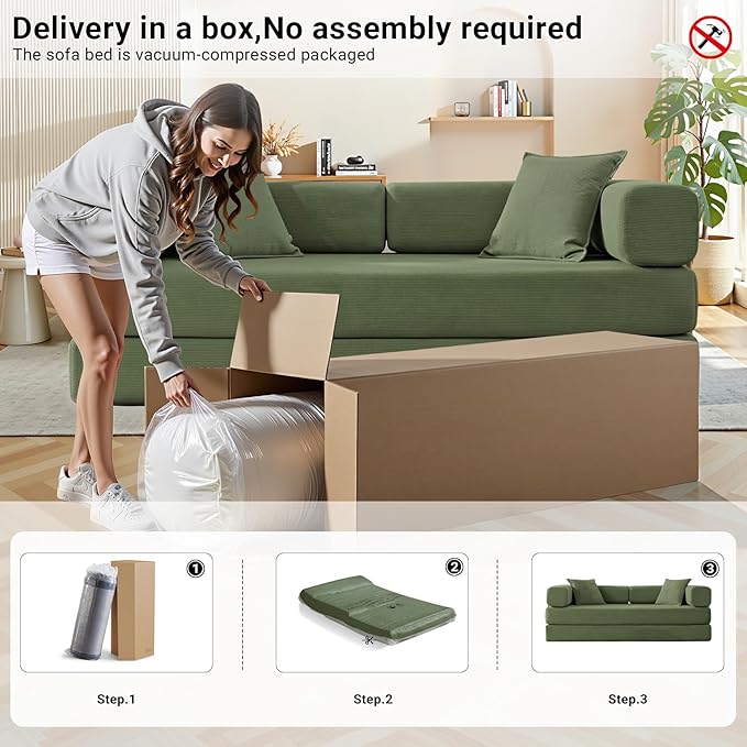 79 Inch Convertible Folding Sleeper Sofa Bed Modern Corduroy Futon Sofa Fold Out Couch Bed with Metal Fixed Frame Modular Comfy Boneless Couches Floor Sofas for Living Room Olive Green
