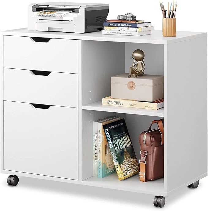 DEVAISE 3-Drawer Wood File Cabinet Mobile Lateral Filing Cabinet Printer Stand with Open Storage Shelves for Home Office White