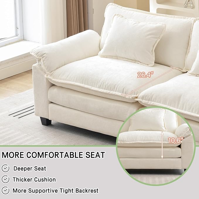 Loveseat Sofa Comfy Cloud Couch for Living Room with Pillows Modern Chenille Sofa Sleeper Deep Couches(Cream White 2-Seat)