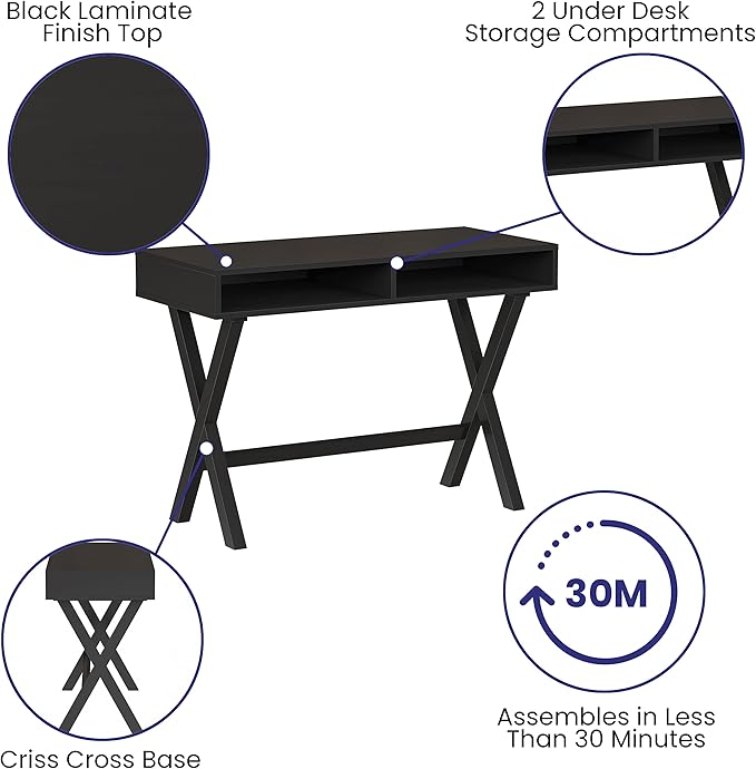 Flash Furniture Dolly Computer Desk - Black Writing Desk with Open Storage Compartments - 42 Long Home Office Desk Table for Bedroom