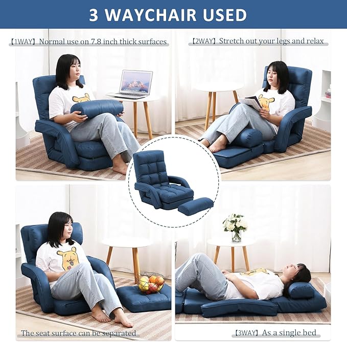 FLOGUOR 14-Position Adjustable Floor Chair Chaise Lounge Indoor Folding Lazy Sofa with Armrests and a Pillow Padded Adults Gaming Chairs for Living Room Bedroom Factory Price8803 (Blue（PU）)