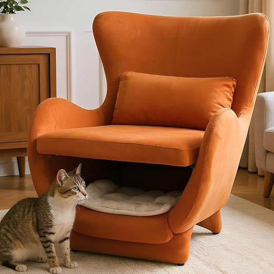 Orange Accent Chair with Curved Arms Velvet Upholstered Wingback Chair with Lumbar Pillow Comfy Reading Chair with Cat House for Bedroom Living Room 300 LBS Capacity (B)
