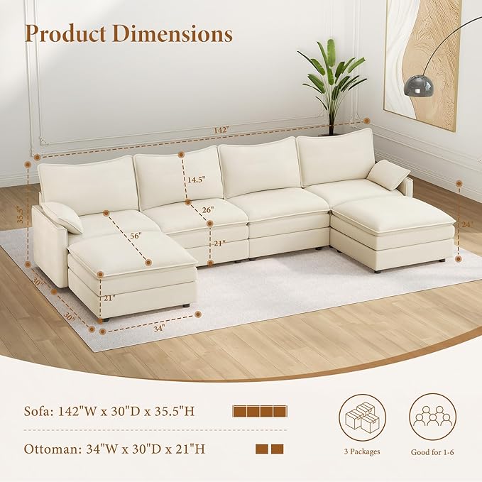 Vesgantti 142 U Shaped Sectional Couch Comfy Cloud Modular Sectional Sofa with 2 Ottoman Deep Seat Chenille Modern Cloud Sofa Modular Sofas for Living Room Bedroom and Apartment Snow White