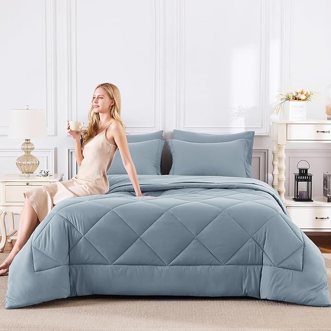 CozyLux Oversized Queen Comforter Set Dusty Blue 7 Pieces Bed in a Bag Comforter Set with Sheets Luxury Bed Set All Seasons Bedding Set with Down Alternative Comforter Sheets Pillowcases &amp Sha