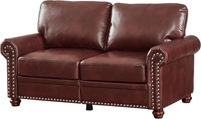 59 Faux Leather Pu Loveseat Underseat Storage Classic Love Seat Couch Elegance 2 Seat with Rolled Armrests Nailhead Trim Wood Legs Traditional Living Room Accent Sofa 2 Seat-Burgundy