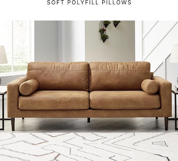 Signature Design by Ashley Telora Faux Leather Sofa 2 Bolster Pillows Loose Cushions Faux Wood Finish Accent Legs 85 W x 35 D x 35 H Dark Brown