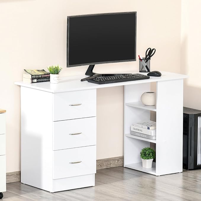 47 inches Modern Home Office Computer Desk Bookcase Combo Writing Table Workstation with 3 Drawer and Storage Shelf Modern Writing Desk Study Writing Table for Small Spaces White