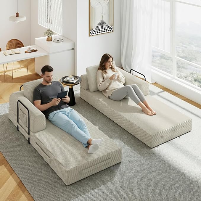 Convertible Sofa Bed 5-in-1 Pull-Out Futon Boneless Couch for Living Room &amp Guest Room Corduroy Sleeper Sofa with Steel Support Brackets 78.7 3-Seater with 2 Pillows (Beige)