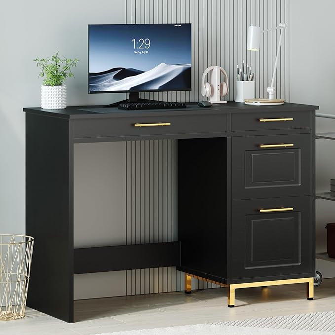4 EVER WINNER Black Desk with Drawers 43 Inch Writing Desk with Storage File Cabinet and Golden Handle Home Office Desk for Bedroom Black