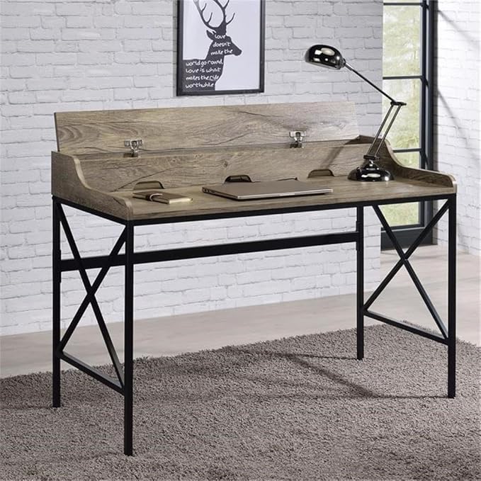Pemberly Row Contemporary Gray Wood and Black Metal Desk USB Port and Electrical Outlet 48.75 in Wide Modern Design with Hidden Storage Levelers Home Office Workspace Furniture