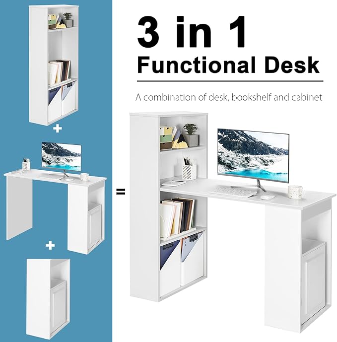 Computer Desk with Bookcase 48” Modern Writing Table Desk with Storage Shelves and CPU Stand Reversible Study Workstation for Home Office Bedroom (White)